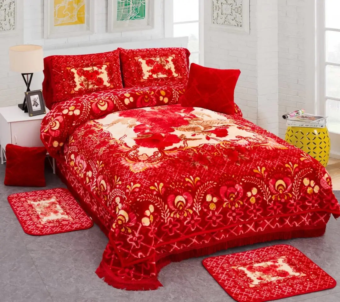Blanket (ኮቦርታ )Blanket 200×240cm
Bedcover 230×250
Pillows 50×75cm
Cushio 40×40cm
Mat 50×75cm
Slipper 4PCs