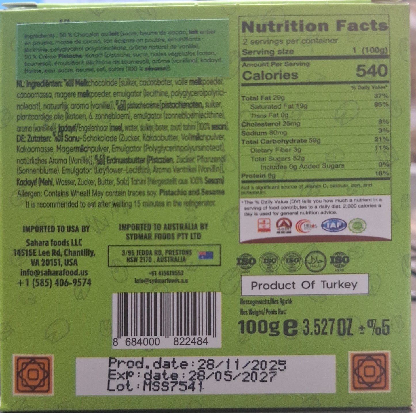 Pistachio Gusto Dubai Chocolate - Milk Chocolate Pistachio Small Bar 100g